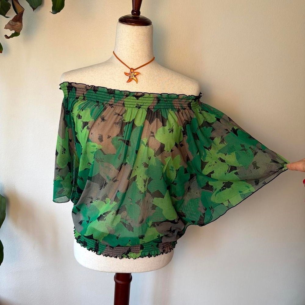 Boho Green Floral Off Shoulder Batwing Dolman Top Sheer Smocked Waist XL